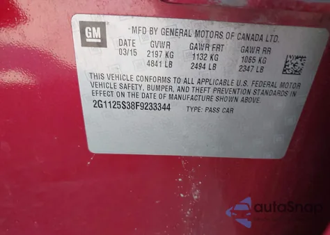 2015 Chevrolet Impala 2Lt from USA, damaged, VIN 2G1125S38F9233344